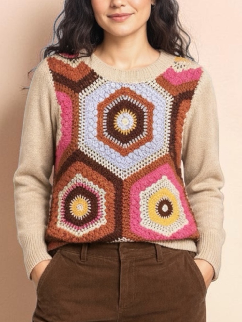 Autumn Cashmere 100% Pure Cashmere Crochet Front Geo Patchwork Mojave Sweater
